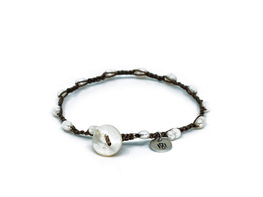White Freshwater Pearl Beaded Bracelet/Anklet w/ Shell Button